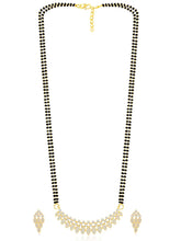 Stunning Radiant CZ Mangalsutra Set. Gold CZ mangalsutra set with black beads and matching earrings, in teardrop shape.