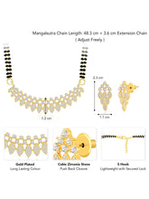 Stunning Radiant CZ Mangalsutra Set. Gold CZ mangalsutra set with black beads and matching earrings, in teardrop shape.
