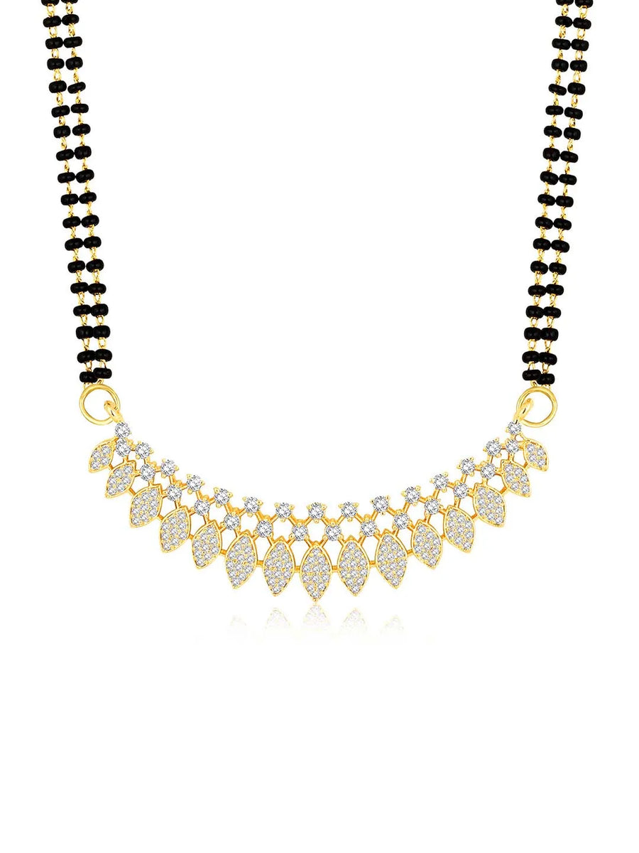 Stunning Radiant CZ Mangalsutra Set. Gold CZ mangalsutra set with black beads and matching earrings, in teardrop shape.