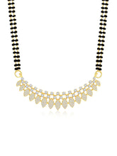 Stunning Radiant CZ Mangalsutra Set. Gold CZ mangalsutra set with black beads and matching earrings, in teardrop shape.