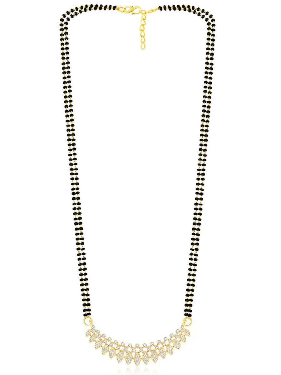 Stunning Radiant CZ Mangalsutra Set. Gold CZ mangalsutra set with black beads and matching earrings, in teardrop shape.