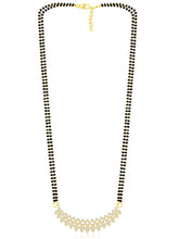 Stunning Radiant CZ Mangalsutra Set. Gold CZ mangalsutra set with black beads and matching earrings, in teardrop shape.