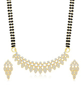 Stunning Radiant CZ Mangalsutra Set. Gold CZ mangalsutra set with black beads and matching earrings, in teardrop shape.