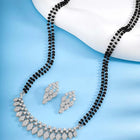 Stunning Radiant CZ Mangalsutra Set. Silver CZ mangalsutra set with black beads and matching earrings, in teardrop shape.