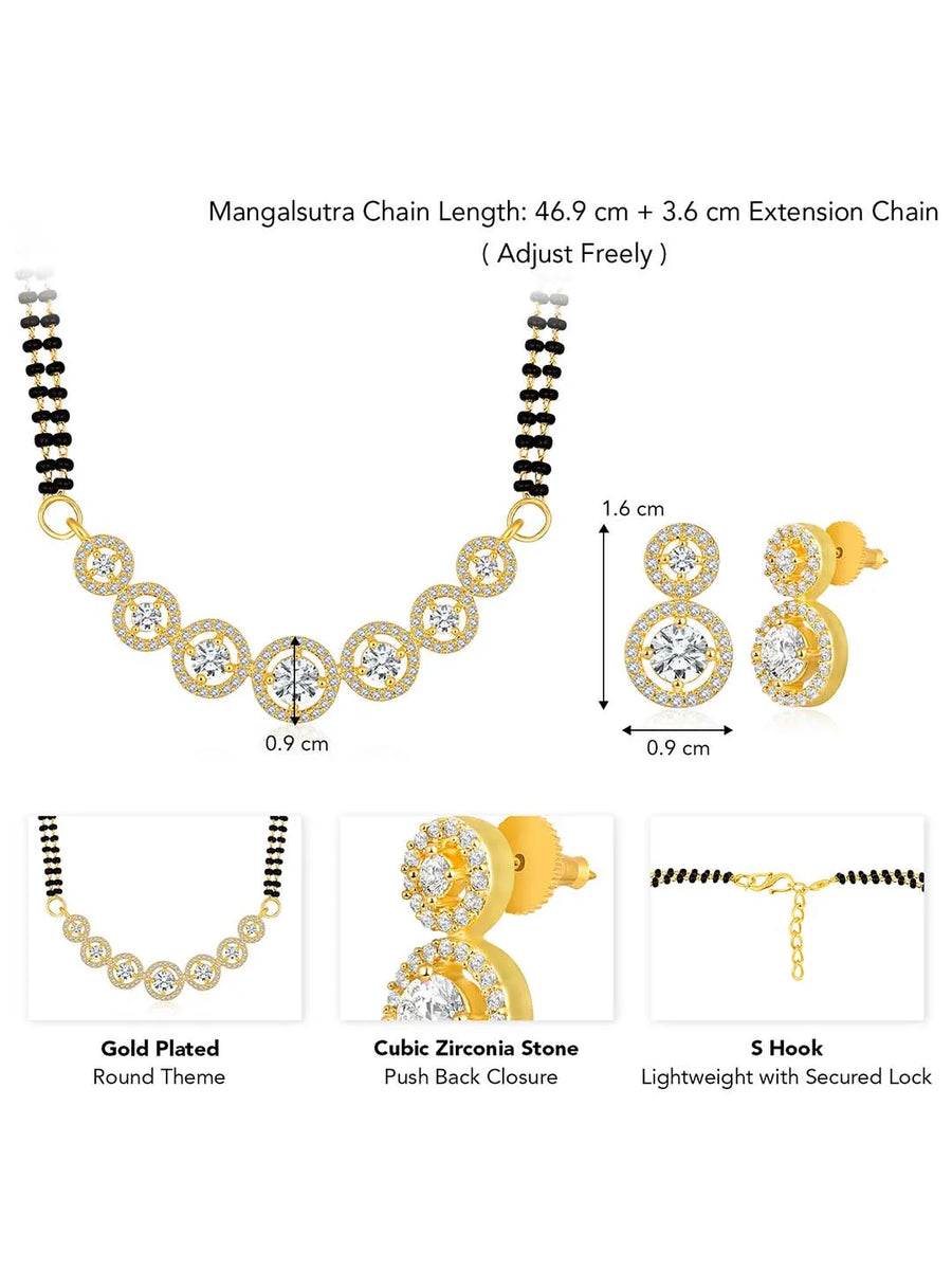 Luxurious Gleaming CZ Mangalsutra Set. Mangalsutra and matching earrings with cubic zirconia stones along with gold plating.