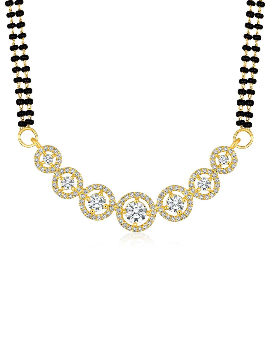 Luxurious Gleaming CZ Mangalsutra Set. Mangalsutra and matching earrings with cubic zirconia stones along with gold plating.