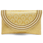 Gold clutch bag named Twilight Gleam Foldover Clutch, featuring pearl detailing and soft fabric texture | Peora
