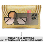 Gold clutch bag named Twilight Gleam Foldover Clutch, featuring pearl detailing and soft fabric texture | Peora
