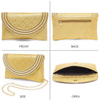 Gold clutch bag named Twilight Gleam Foldover Clutch, featuring pearl detailing and soft fabric texture | Peora
