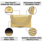 Gold clutch bag named Twilight Gleam Foldover Clutch, featuring pearl detailing and soft fabric texture | Peora
