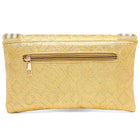 Gold clutch bag named Twilight Gleam Foldover Clutch, featuring pearl detailing and soft fabric texture | Peora
