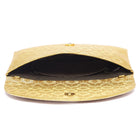 Gold clutch bag named Twilight Gleam Foldover Clutch, featuring pearl detailing and soft fabric texture | Peora
