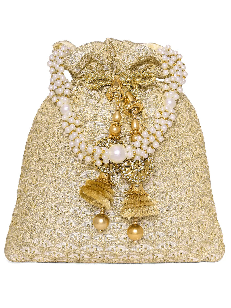 Gold potli bag named Brocade Potli with Pearl Tassel Handle, featuring artificial beads detailing and soft fabric texture | Peora
