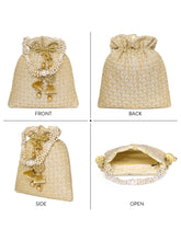 Gold potli bag named Brocade Potli with Pearl Tassel Handle, featuring artificial beads detailing and soft fabric texture | Peora
