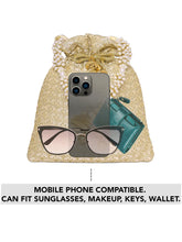 Gold potli bag named Brocade Potli with Pearl Tassel Handle, featuring artificial beads detailing and soft fabric texture | Peora
