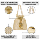 Gold potli bag named Brocade Potli with Pearl Tassel Handle, featuring artificial beads detailing and soft fabric texture | Peora
