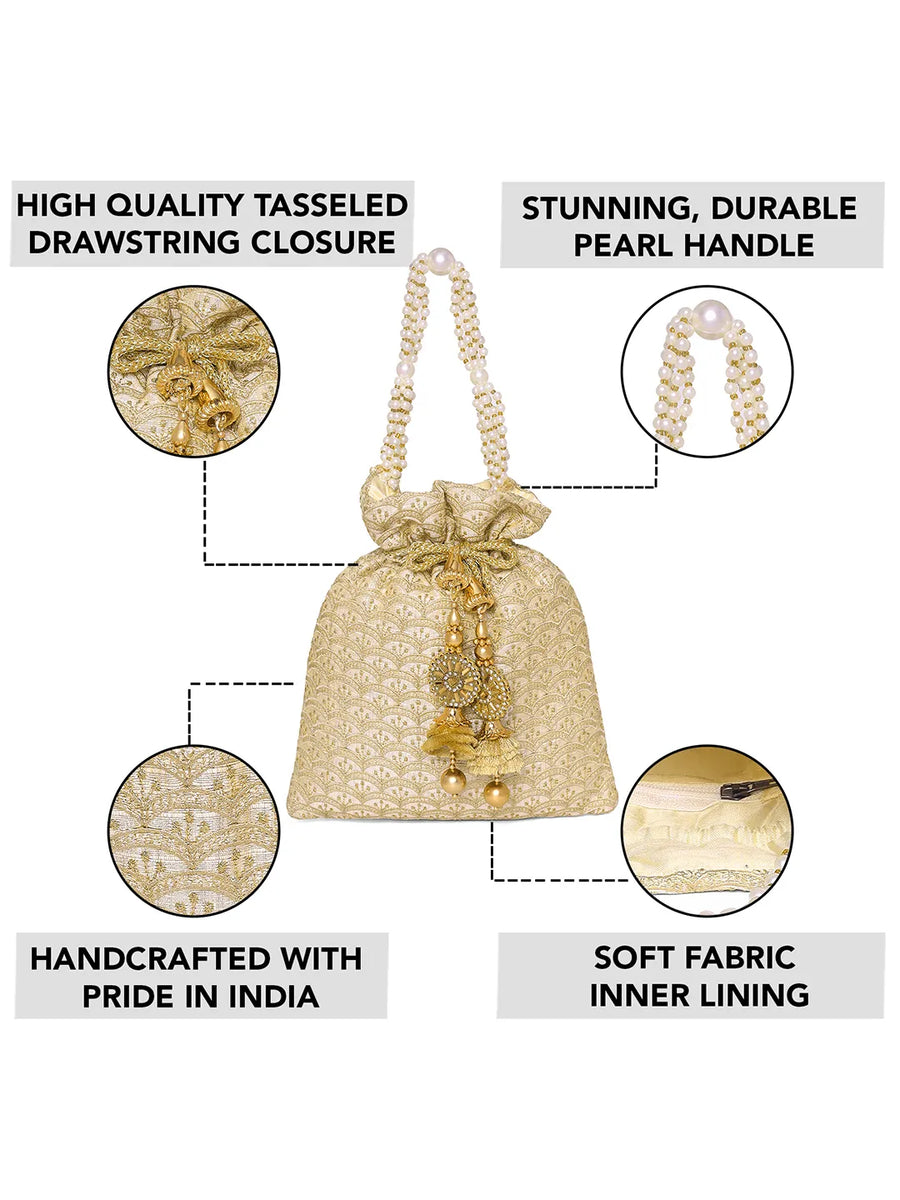 Gold potli bag named Brocade Potli with Pearl Tassel Handle, featuring artificial beads detailing and soft fabric texture | Peora

