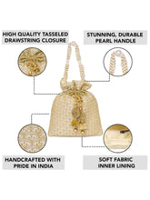 Gold potli bag named Brocade Potli with Pearl Tassel Handle, featuring artificial beads detailing and soft fabric texture | Peora
