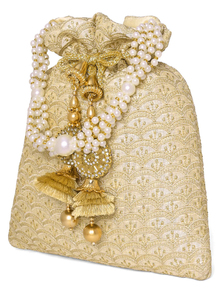 Gold potli bag named Brocade Potli with Pearl Tassel Handle, featuring artificial beads detailing and soft fabric texture | Peora
