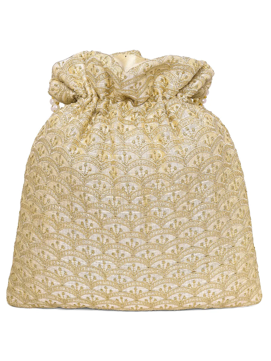 Gold potli bag named Brocade Potli with Pearl Tassel Handle, featuring artificial beads detailing and soft fabric texture | Peora
 