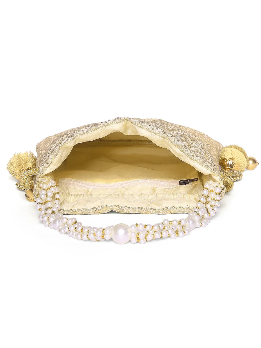 Gold potli bag named Brocade Potli with Pearl Tassel Handle, featuring artificial beads detailing and soft fabric texture | Peora
