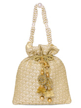 Gold potli bag named Brocade Potli with Pearl Tassel Handle, featuring artificial beads detailing and soft fabric texture | Peora
