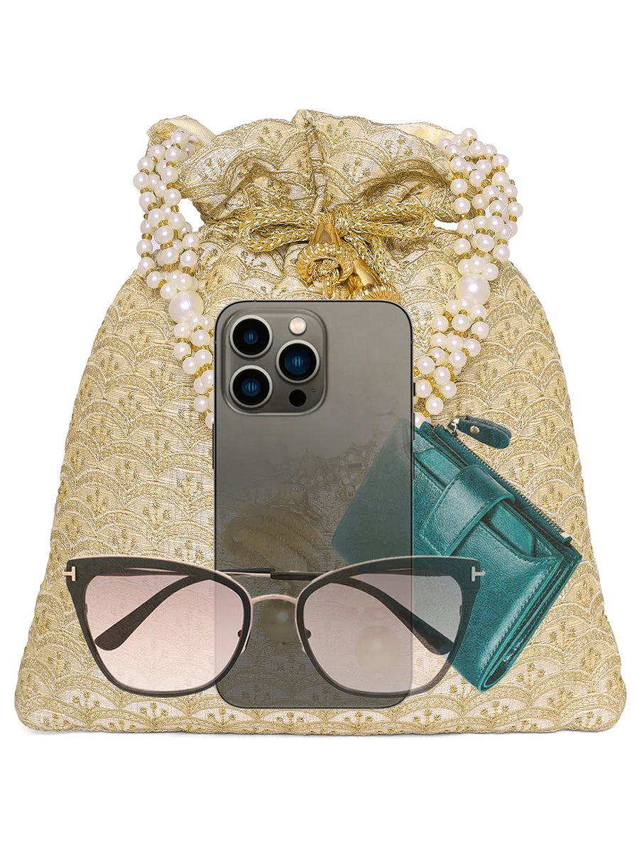 Gold potli bag named Brocade Potli with Pearl Tassel Handle, featuring artificial beads detailing and soft fabric texture | Peora
