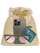 Gold potli bag named Brocade Potli with Pearl Tassel Handle, featuring artificial beads detailing and soft fabric texture | Peora
