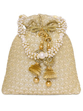 Gold potli bag named Brocade Potli with Pearl Tassel Handle, featuring artificial beads detailing and soft fabric texture | Peora
