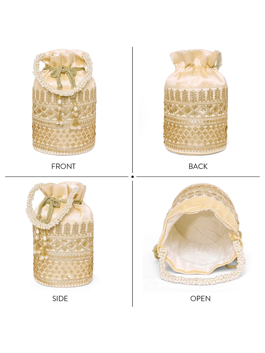 Gold potli bag named Ethnic Floral Potli with sequins Mofit, featuring artificial beads detailing and soft fabric texture | Peora
