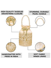 Gold potli bag named Ethnic Floral Potli with sequins Mofit, featuring artificial beads detailing and soft fabric texture | Peora
