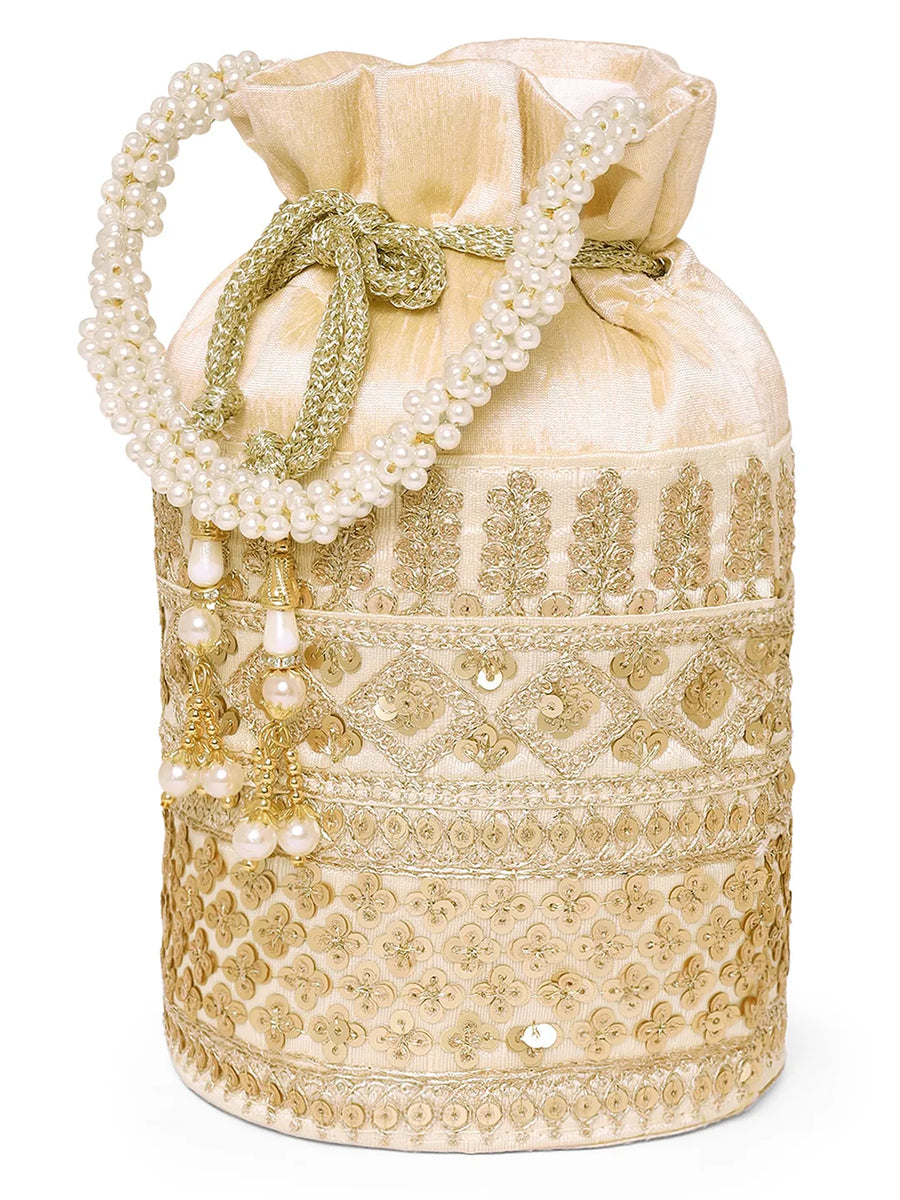 Gold potli bag named Ethnic Floral Potli with sequins Mofit, featuring artificial beads detailing and soft fabric texture | Peora
