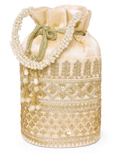 Gold potli bag named Ethnic Floral Potli with sequins Mofit, featuring artificial beads detailing and soft fabric texture | Peora
