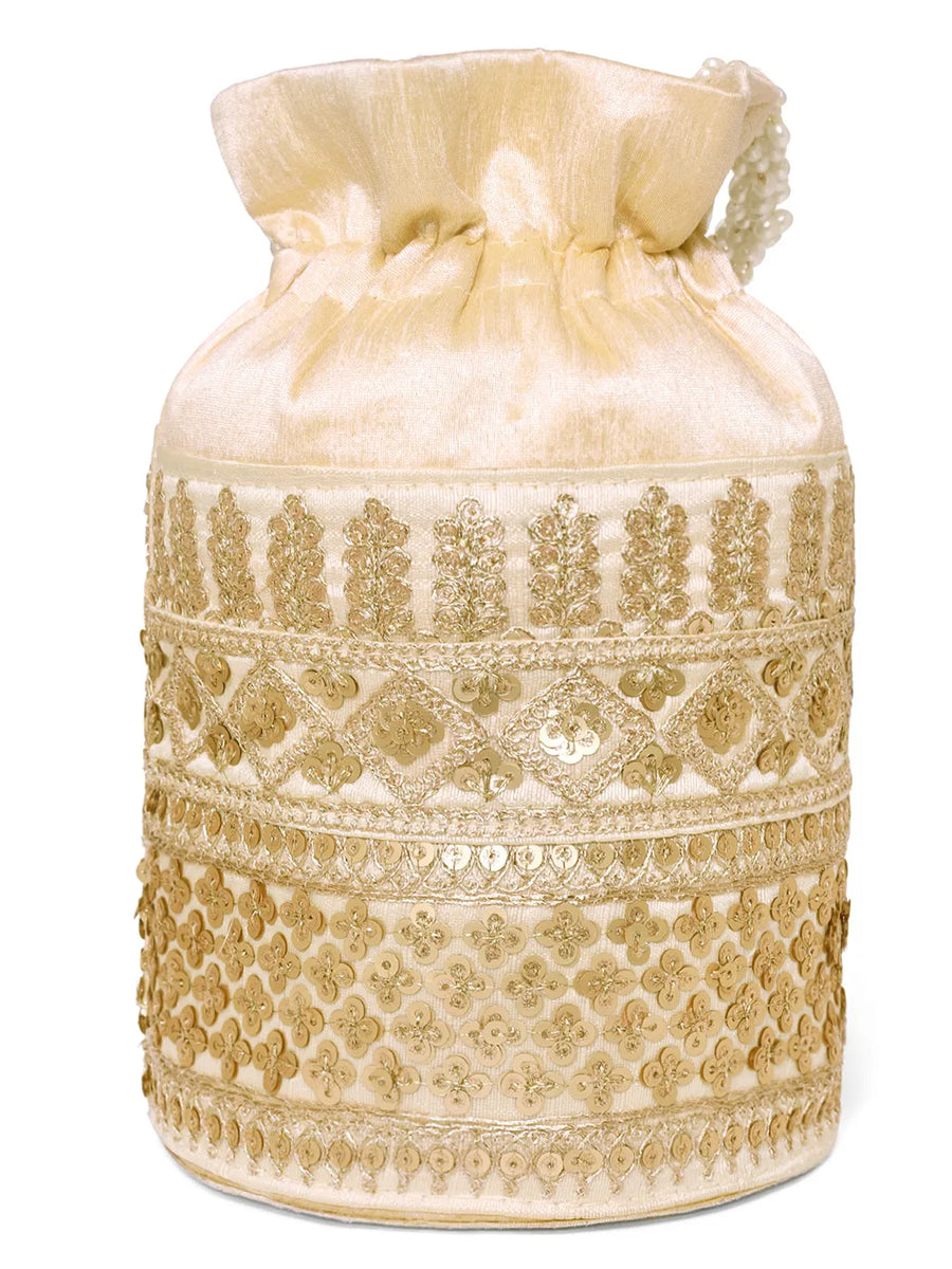 Gold potli bag named Ethnic Floral Potli with sequins Mofit, featuring artificial beads detailing and soft fabric texture | Peora
