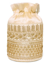 Gold potli bag named Ethnic Floral Potli with sequins Mofit, featuring artificial beads detailing and soft fabric texture | Peora
