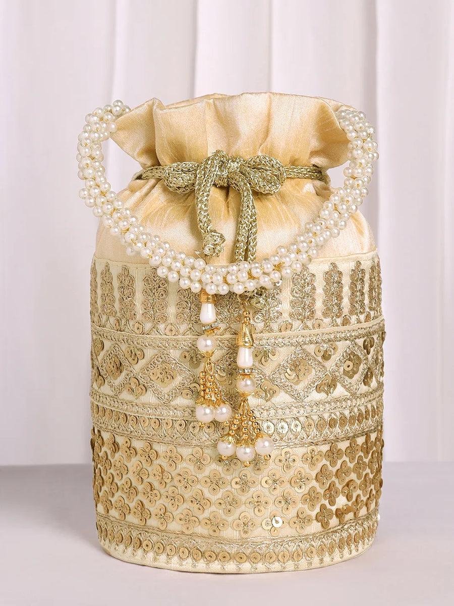 Gold potli bag named Ethnic Floral Potli with sequins Mofit, featuring artificial beads detailing and soft fabric texture | Peora

