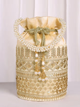 Gold potli bag named Ethnic Floral Potli with sequins Mofit, featuring artificial beads detailing and soft fabric texture | Peora

