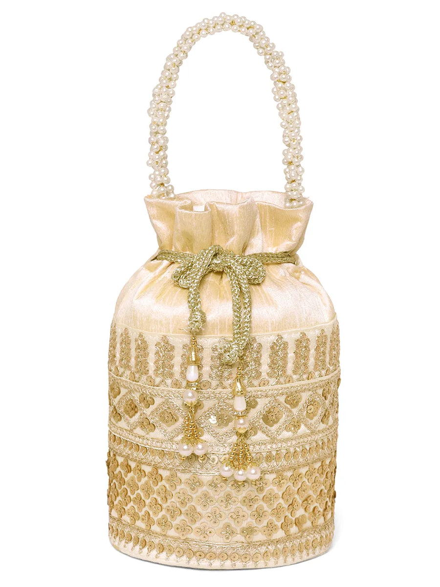 Gold potli bag named Ethnic Floral Potli with sequins Mofit, featuring artificial beads detailing and soft fabric texture | Peora
