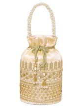 Gold potli bag named Ethnic Floral Potli with sequins Mofit, featuring artificial beads detailing and soft fabric texture | Peora
