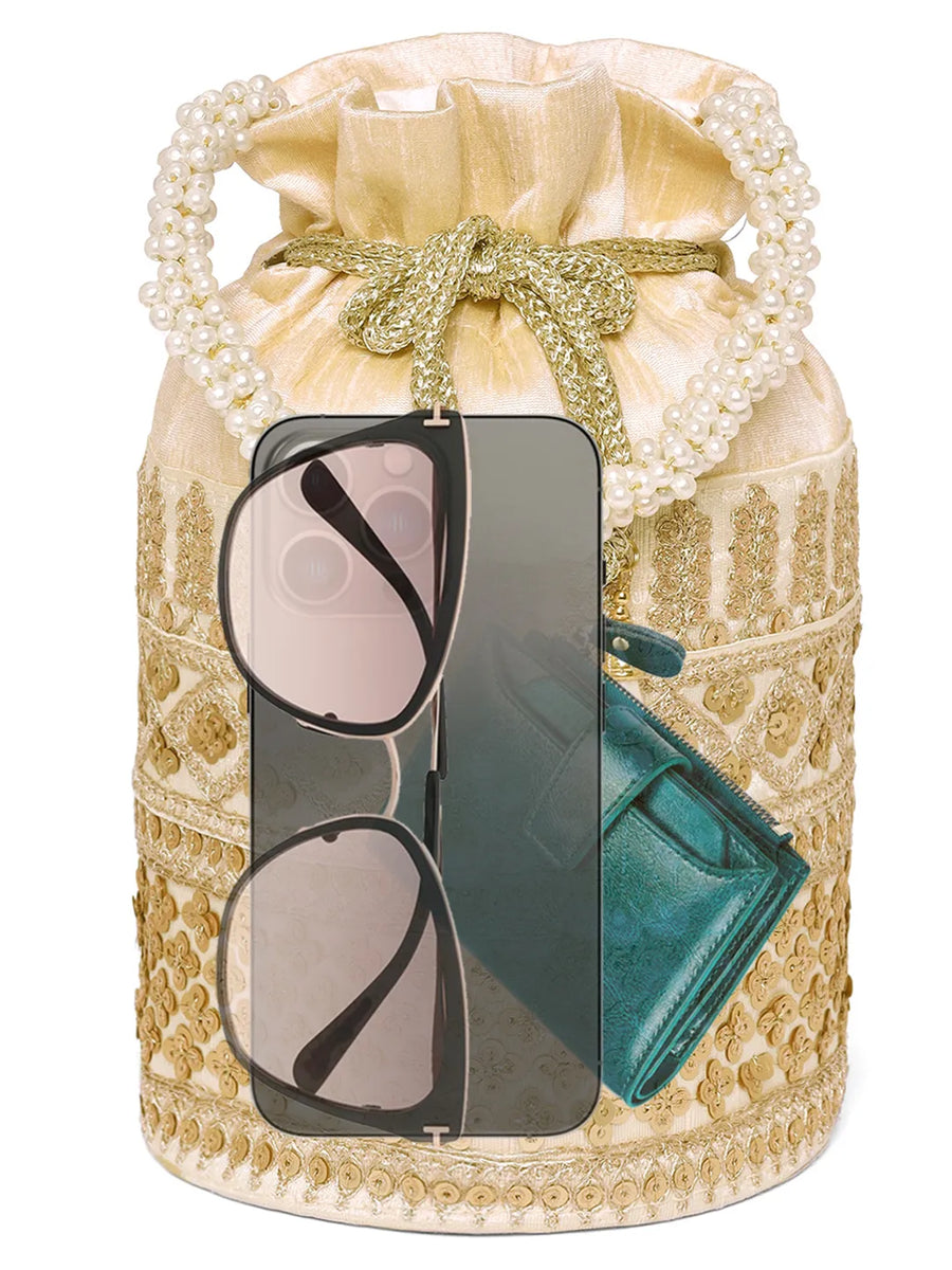 Gold potli bag named Ethnic Floral Potli with sequins Mofit, featuring artificial beads detailing and soft fabric texture | Peora
