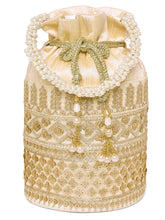 Gold potli bag named Ethnic Floral Potli with sequins Mofit, featuring artificial beads detailing and soft fabric texture | Peora

