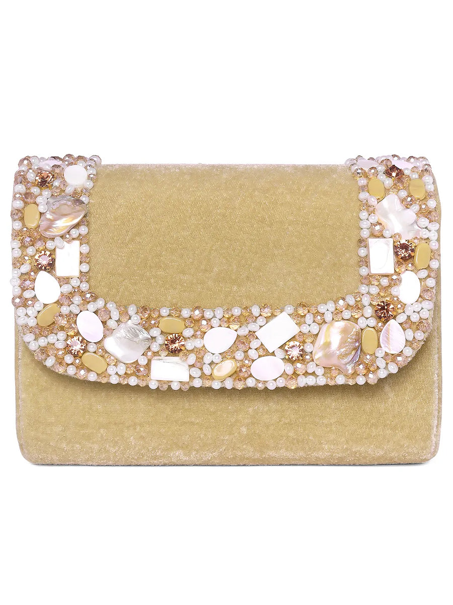Gold clutch bag named Classic Stone Embellished Clutch, featuring artificial beads detailing and soft 0 texture | Peora
