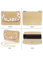 Gold clutch bag named Classic Stone Embellished Clutch, featuring artificial beads detailing and soft 0 texture | Peora
