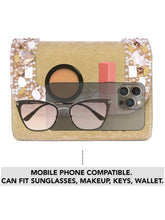 Gold clutch bag named Classic Stone Embellished Clutch, featuring artificial beads detailing and soft 0 texture | Peora
