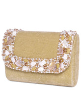 Gold clutch bag named Classic Stone Embellished Clutch, featuring artificial beads detailing and soft 0 texture | Peora
