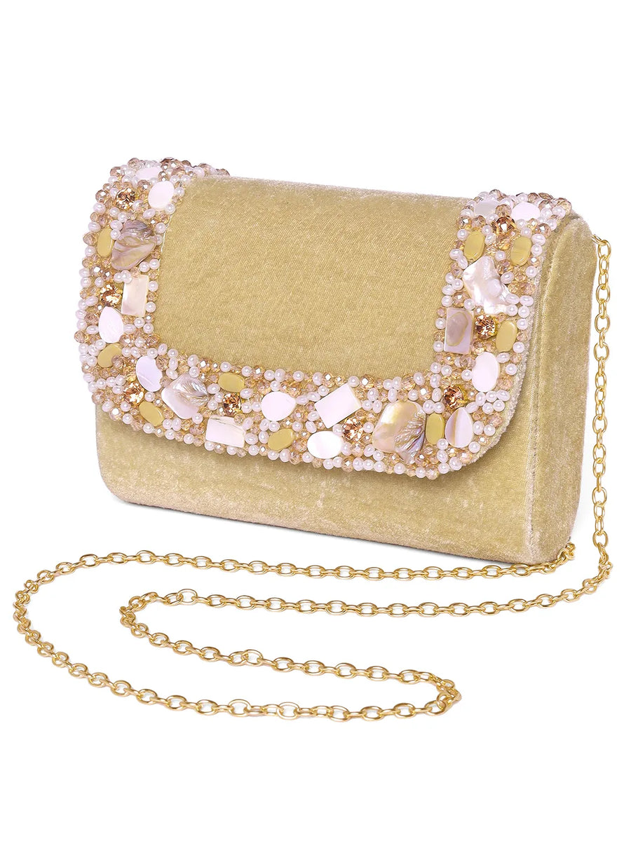 Gold clutch bag named Classic Stone Embellished Clutch, featuring artificial beads detailing and soft 0 texture | Peora
