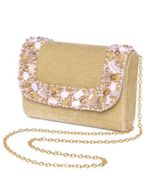 Gold clutch bag named Classic Stone Embellished Clutch, featuring artificial beads detailing and soft 0 texture | Peora
