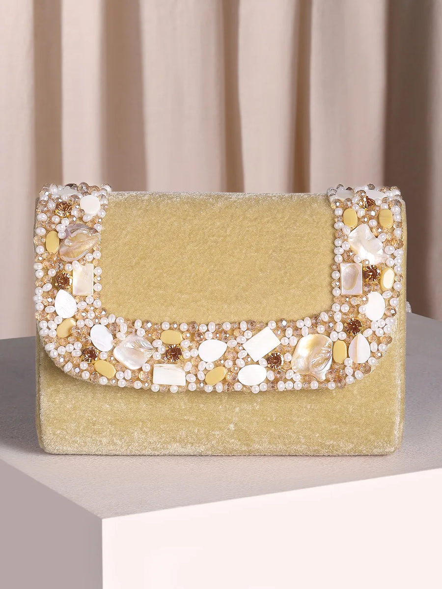 Gold clutch bag named Classic Stone Embellished Clutch, featuring artificial beads detailing and soft 0 texture | Peora
