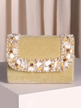 Gold clutch bag named Classic Stone Embellished Clutch, featuring artificial beads detailing and soft 0 texture | Peora

