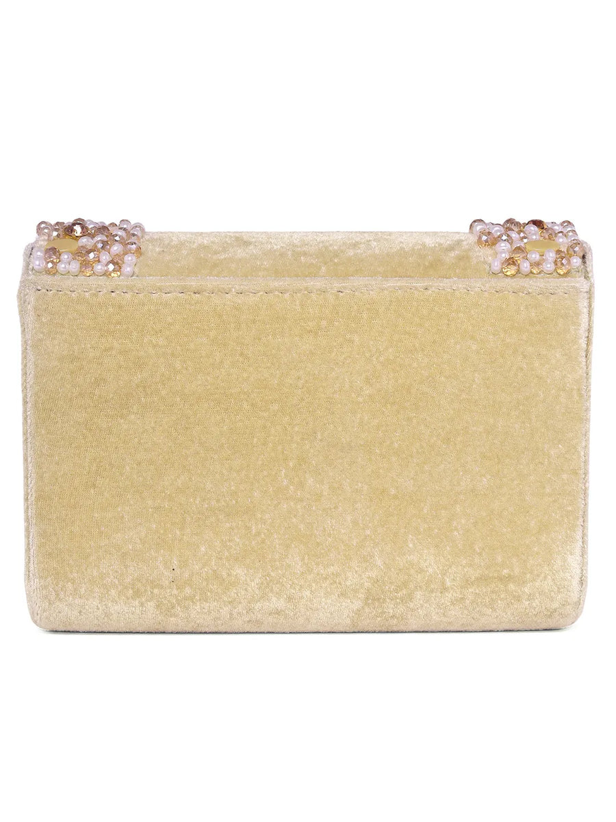 Gold clutch bag named Classic Stone Embellished Clutch, featuring artificial beads detailing and soft 0 texture | Peora
